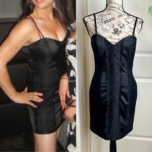 La Belle Y2K Lace Satin Bodycon Mini Slip Dress Black Sz 7